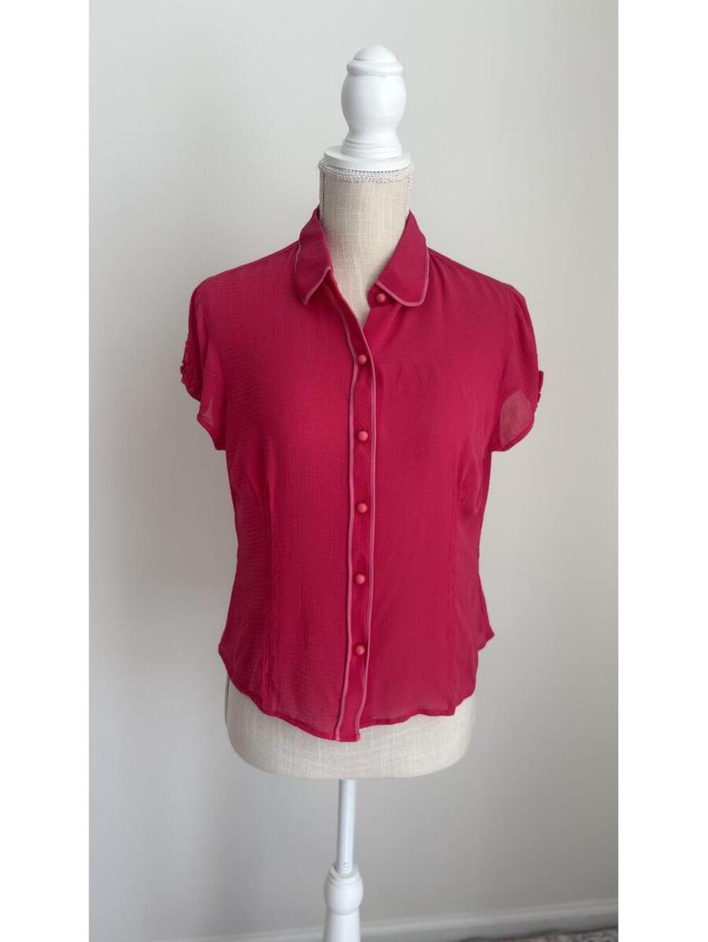 Y2K Ann Taylor SILK Petite Pink Silk Button Front Short Sleeve Blouse LP